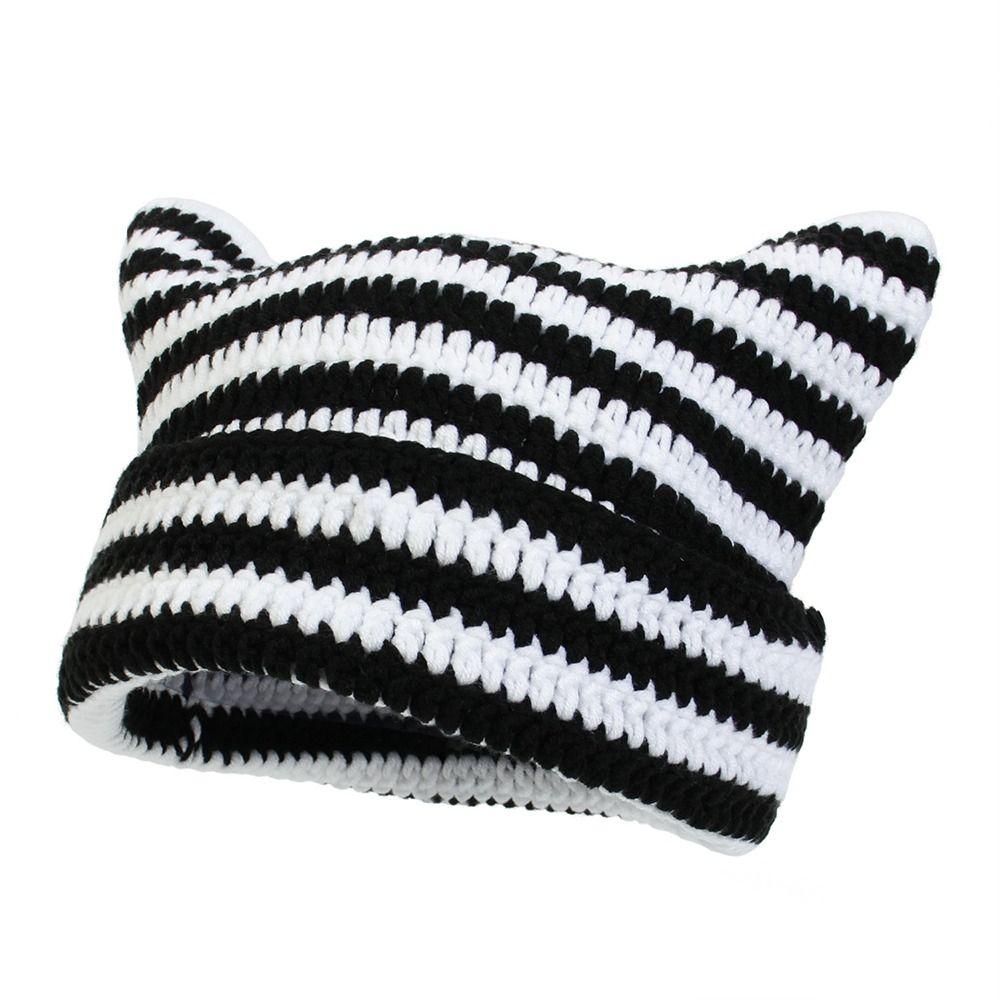 Y2K Harajuku Japanese Beanie Hat Keep Warm Knitted Wool Cap Ins Little Devil Striped Hat Women