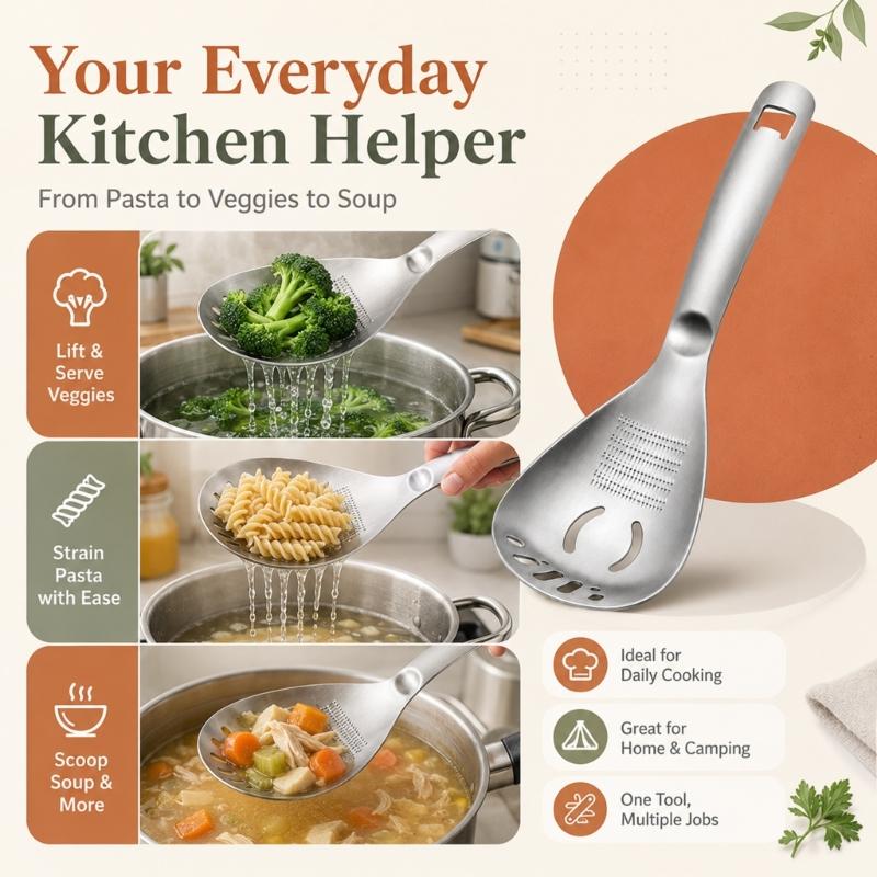 Multifunktionale Edelstahl-Küchenlöffel mit ergonomischem Griff Eiertrenner Kartoffelstampfer Schaumlöffel Sieb und Flaschenöffner