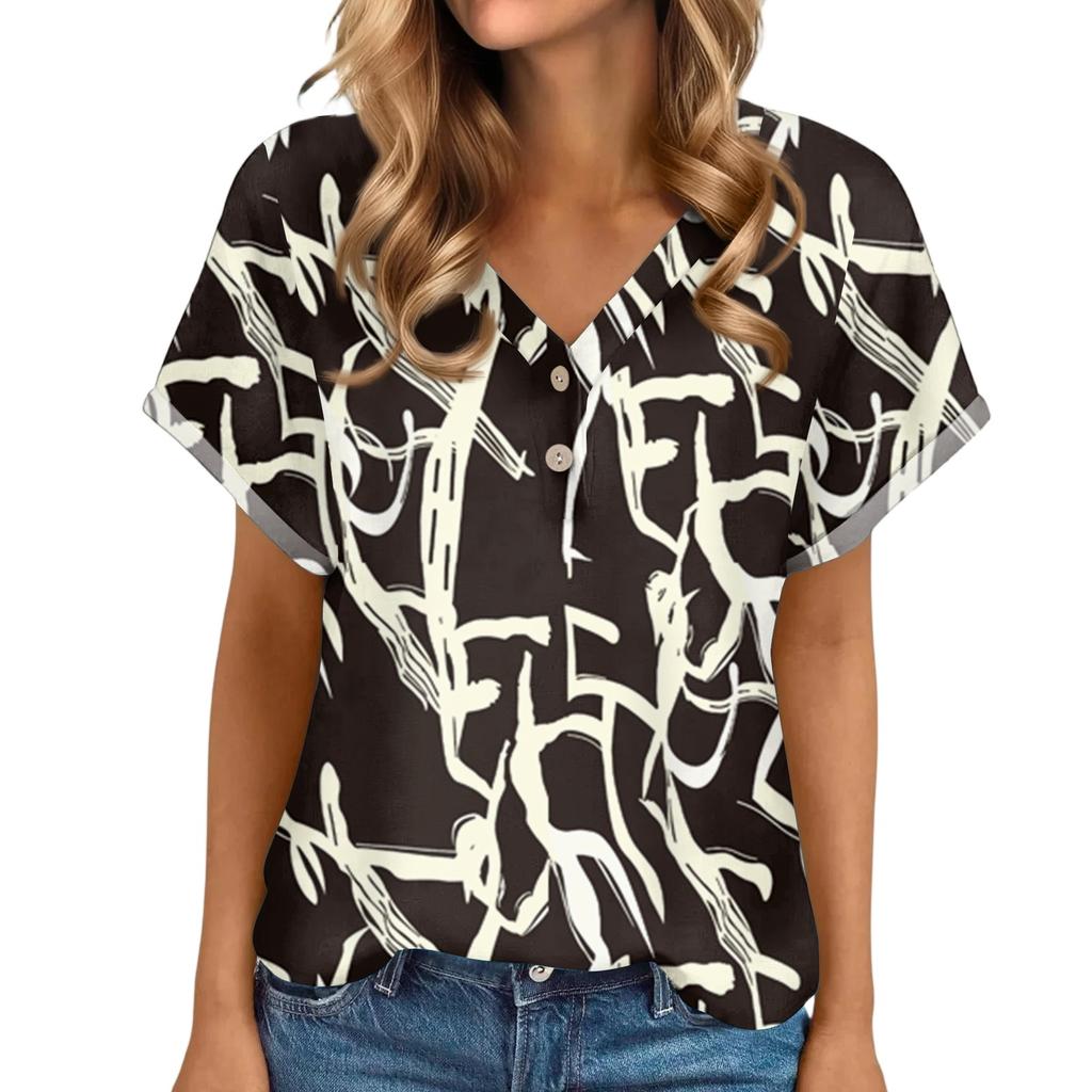 Ladies Casual Fashion V-Neck Button Floral Print Short Sleeve Top