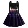Women's Vintage Classic Dress Long Sleeve 2024 New Year Printed Square Neck Swing Dress