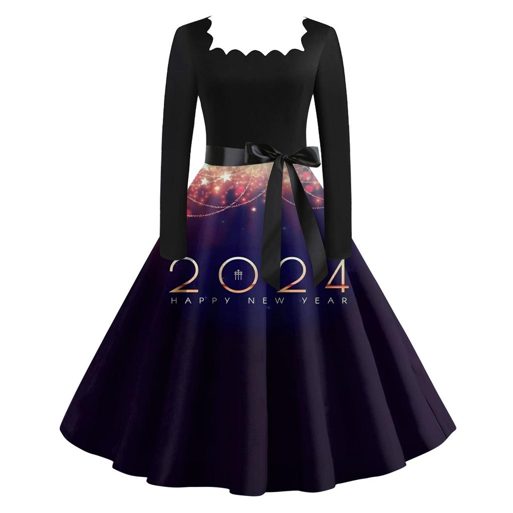 Dámské klasické klasické šaty s dlouhým rukávem 2024 s novoročním potiskem, houpací šaty se čtvercovým výstřihem