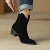 2025 new middle heel soft leather thick heel pointed western boots women's boots Chelsea niche short autumn short boots winter