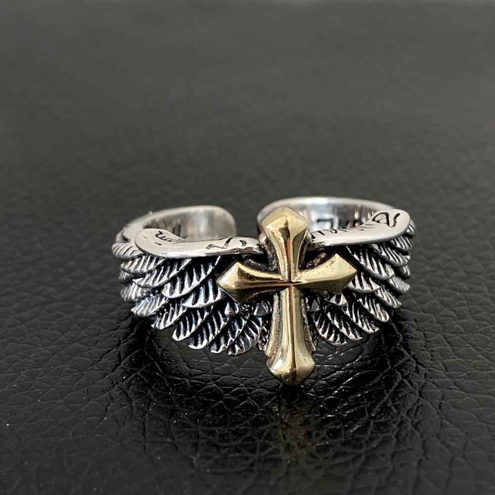 Vintage Thai Feather Ring Unisex Bold Wings Cross Graffiti Letter Open Ring
