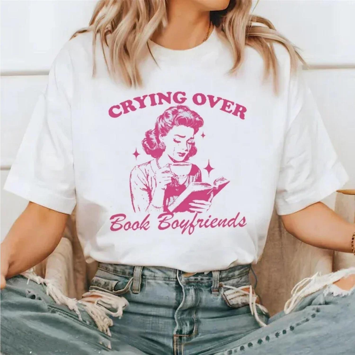 Crying Over Book Boyfriends T-Shirts Short Sleeve Women Graphic Tops Vintage Aesthetic T Shirt Cotton Unisex Female Tees Gifts XXXXXL белый