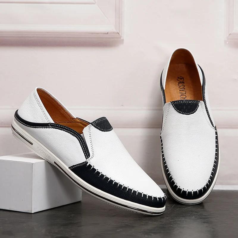 Fashion Italian Mens Shoes Comfy Summer Men Loafers Non-Slip Genuine Leather Moccasins Light Breathable Slip on Boat Shoes Lightweight