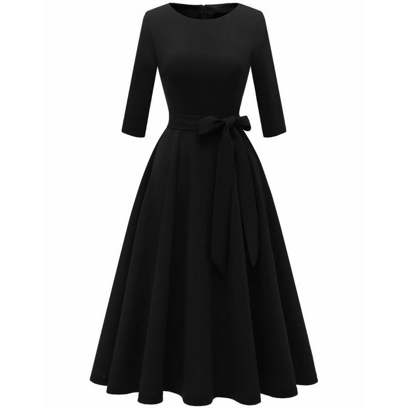 Abito da sera casual da donna in stile europeo e americano, girocollo, manica a 3/4, tinta unita, con ampio orlo