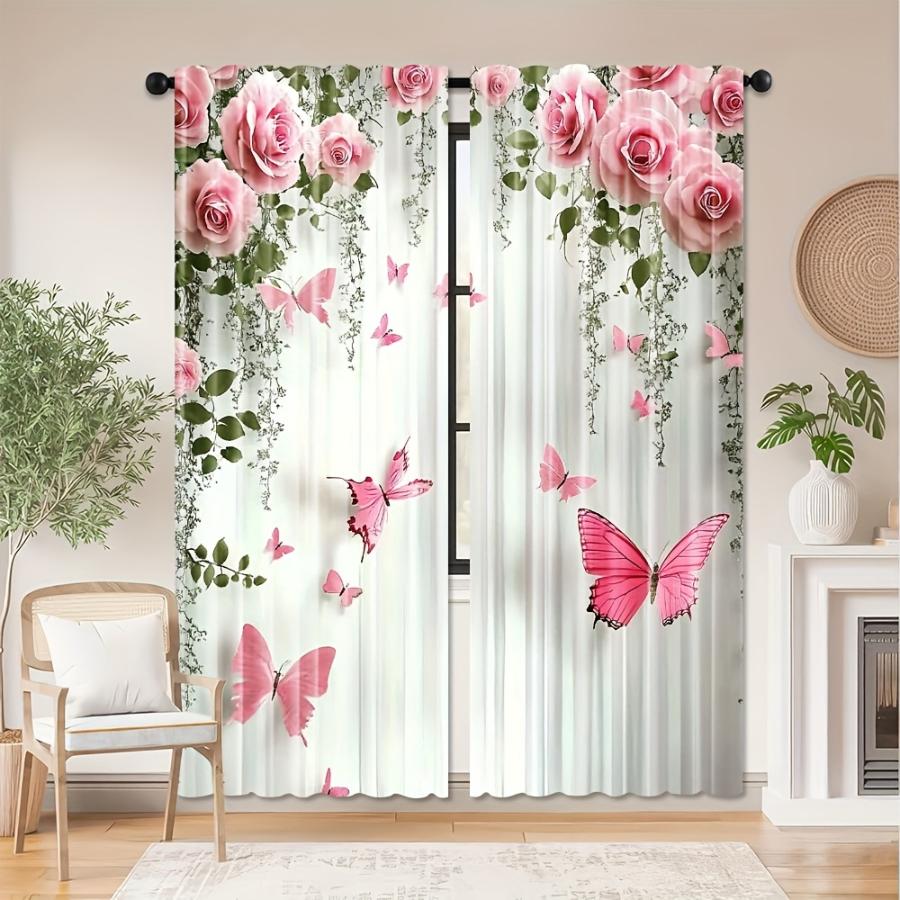 2PCS Digital Printed Curtains, Rose Butterfly Dream Pattern, Beautiful Window Drapes for Living Room Bedroom Home Decor