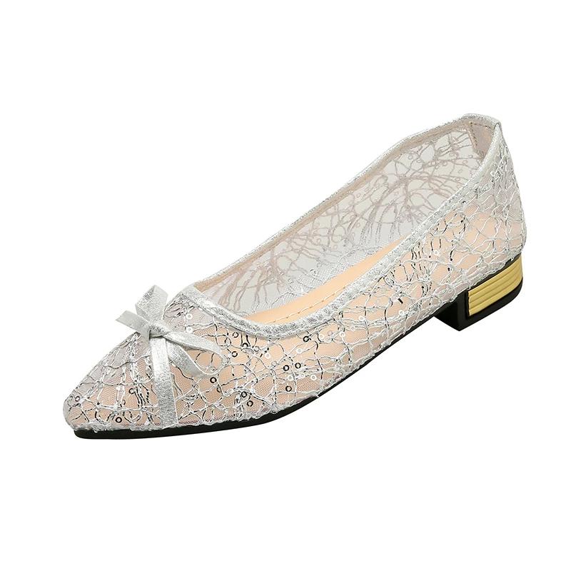 Plus Size 2025 New Mesh Women's High Heels Pointed Toe Bling Bow Tie Low Heel Slip On Pumps Office & Dress Shoes Female