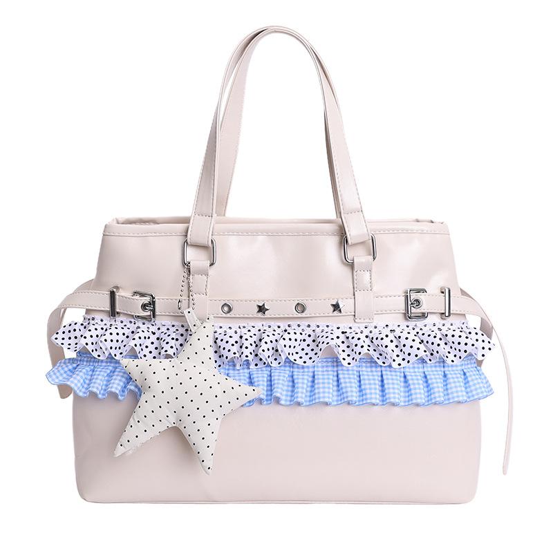 

Korean Style Tote Bag Women Large Capacity Wave Point Design Handbag With Ruffle Star Pendant Backpack Belt Buckle Commute Bag 33x14x24cm