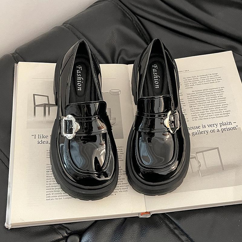 Versatile shallow loafers round head single shoes autumn and winter fashionable and comfortable simple leather buckle Versatile thick heel high he