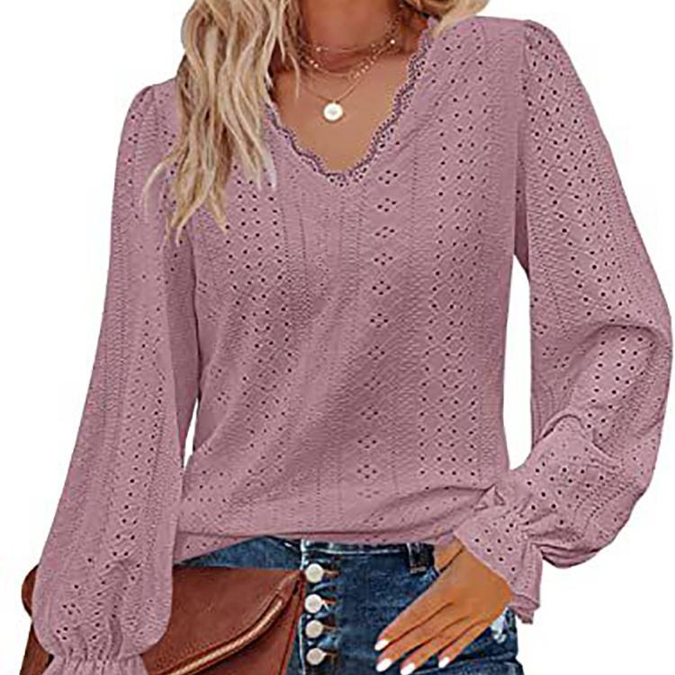 Camiseta Feminina Decote V Primavera Verão Outono Blusas Vazadas Casual Manga Pregueada Top Camisa