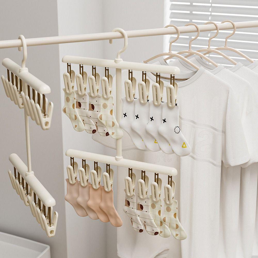 Multi-functional Sock Drying Rack Foldable Rotatable Clothes Hanger with Clips Windproof Space Saving Socks Hanger Clip