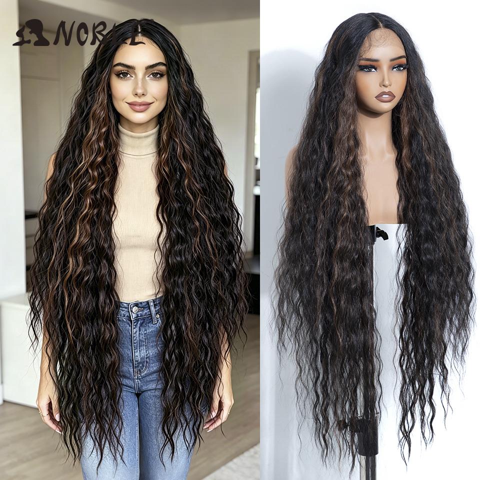 Noble 42 Inch Extra Long Water Wave Synthetic Lace Front Wig Ombre Brown Highlight Glueless Heat Resistant Curly Wig For Women