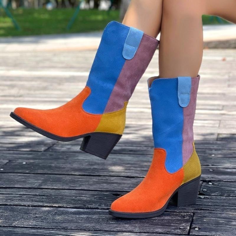 Fashion Multi-color Spliced Pointed-toe Suede Sleeve Soft Sole Non-slip Wear-resistant Square Heel Mid-barrel Single Shoe