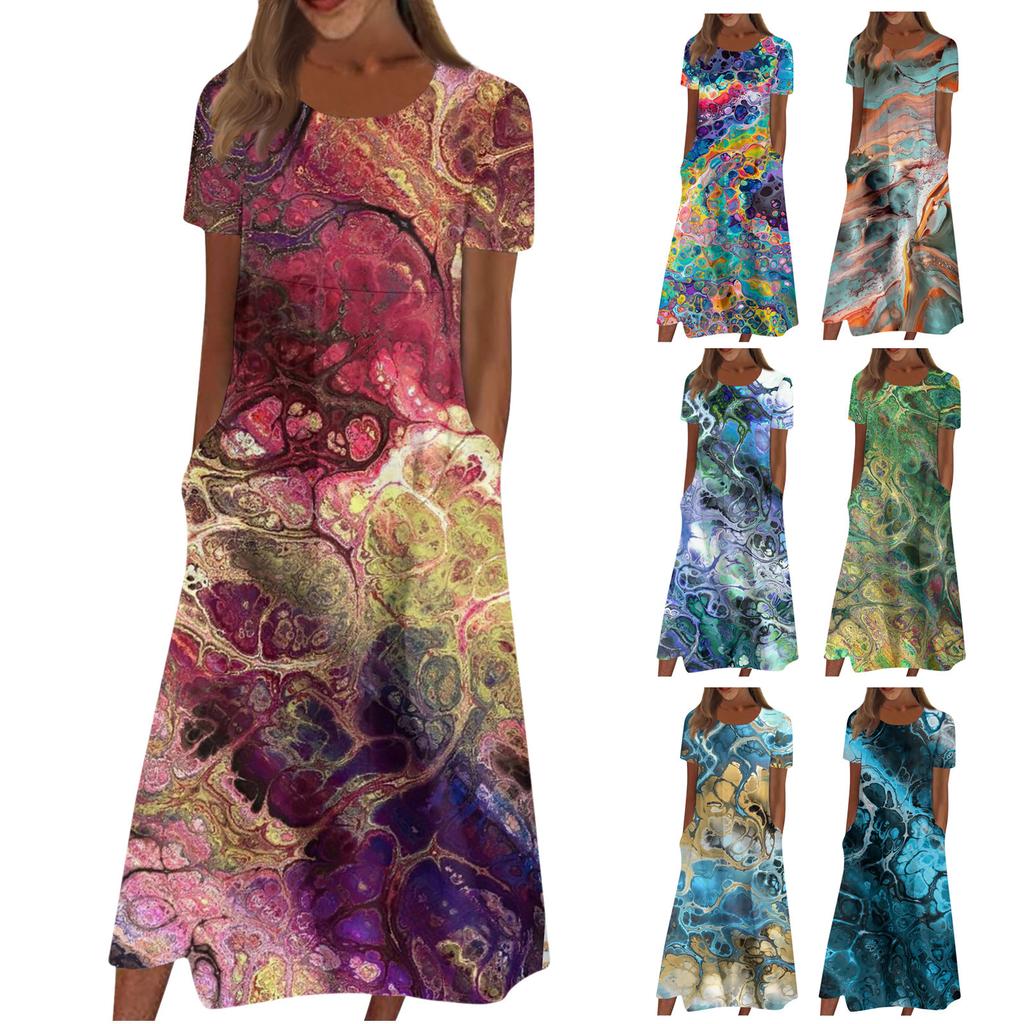 Women's Casual Dresses Printed Dresses Summer Dresses Printed Pleated Round Neck Midi Dresses Basic Classic Outdoor Daily Short Sleeve Loose Dresses