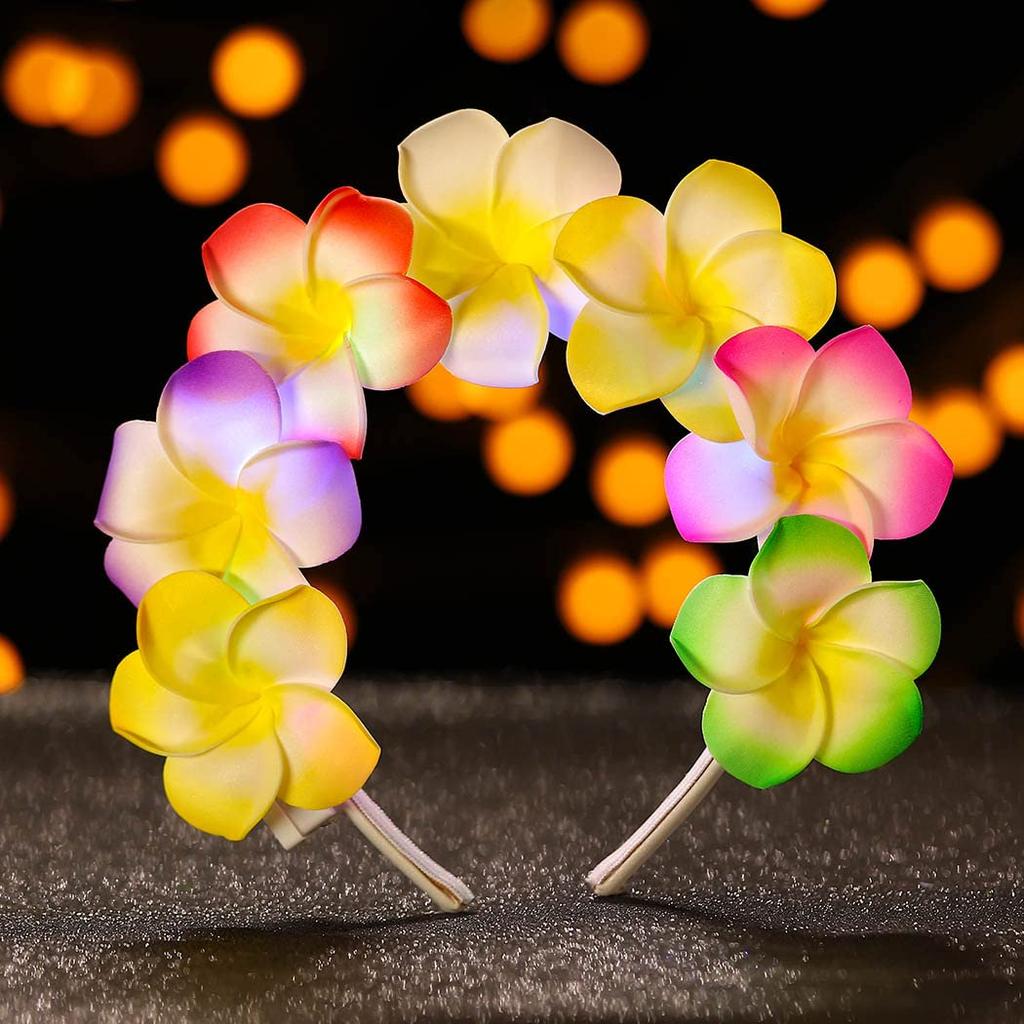 JEAIRTS LED Hawaiian Flower Headband Glowing Plumeria Floral Headpiece Festival Summer Beach Head Band Hawaiin Hair Accessories for Women