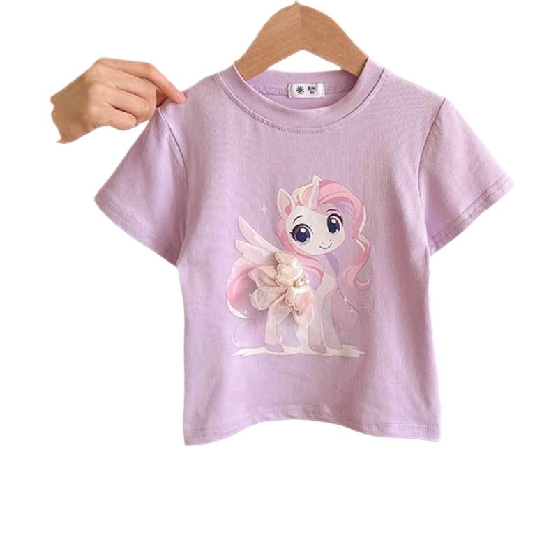 Girls' Casual Cotton Short-sleeved T-shirt, Summer Children's Cute Little Horse Printed T-shirt