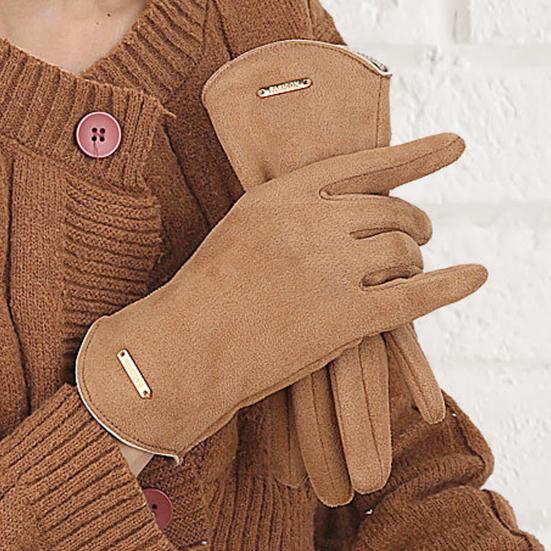 1 Pair Winter Cycling Gloves for Women Men Solid Color Touch Screen Five Finger Gloves Plush Lining Skiing Gloves