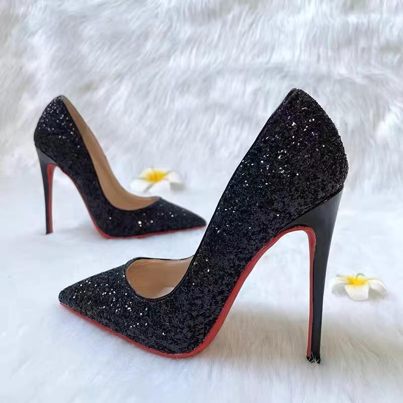 Black High-heeled Shoes Women's Fine-tipped 2026 Spring-autumn New-style Sequins Crystal Wedding Shoes Pointed-toe Sexy Shoe