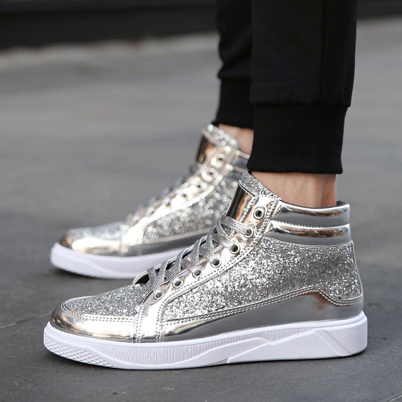 Mode Paljetter Läder Guld Platå Sneakers Tjock Sula Lyx Herr Höga Skor Höstmode Casual Sportskor Stor Storlek 46