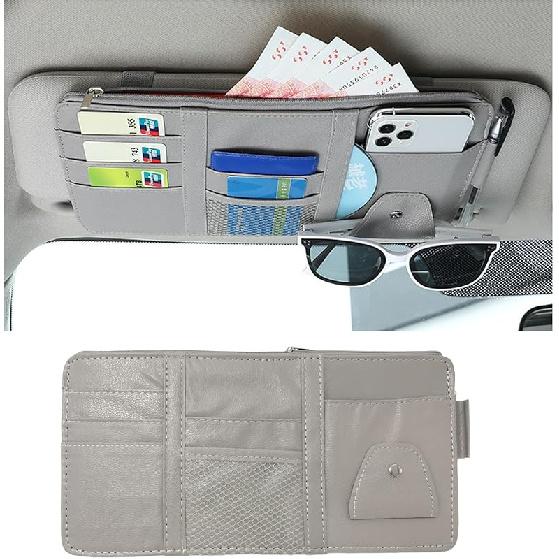 Augeny Car Sun Visor Organizer, Leather Multi-Pocket Auto Visor Storage Pocket Pouch Holder with Zipper, Vehicle Interior Accessories for Car Truck