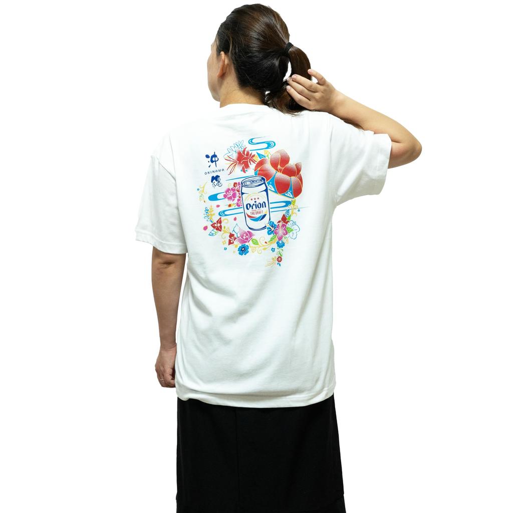 Orion Beer Cotton Fabric White White Black Black Back Hibiscus Logo Okinawa Unisex Local Shirt Standard Orion Hanagasa T-shirt T-shirt (XL, White)