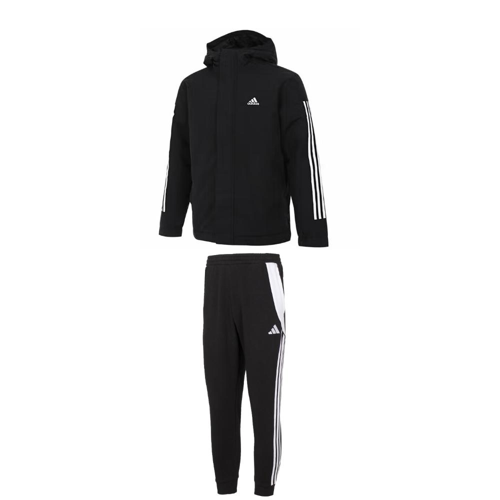 

Adidas Полосатая хлопковая куртка с капюшоном, застежкой-молнией, длинными рукавами, брюками на средней талии, повседневный спортивный комплект для мужчин, черный цвет IX8884+IP1976 S