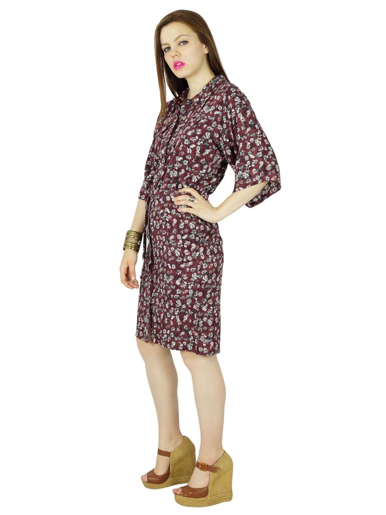 Bimba Women Knee LengthBrown Rayon Safari Dress 3 4 Sleeve Button Down