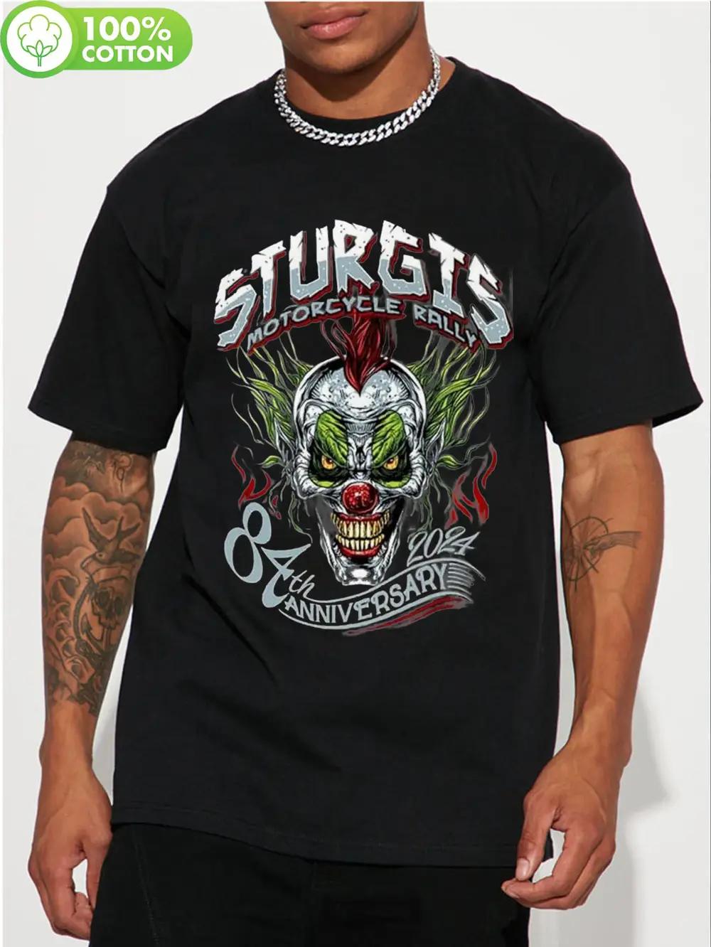 

100% Cotton Sturgis Motorcycle Rally Clown T-shirt - Black Casual Crew Neck Short Sleeve Tee with Skull Design XXXL