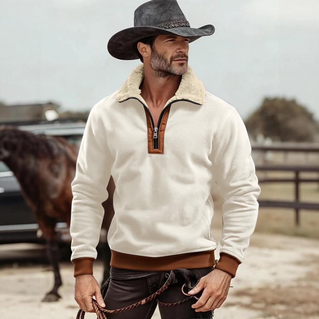 Pánská jednobarevná plyšová mikina s polovičním zipem a stojáčkem Pánská sportovní mikina nadměrné velikosti