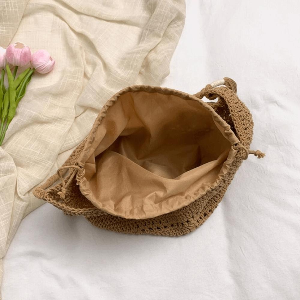 Vintage Bohemian Knitted Shoulder Bag Solid Color Cotton Thread Crochet Tote Bag Hollowed Storage Bag Weave Handbag Students