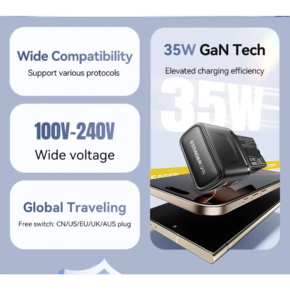 Essager 35W GaN International Travel Adapter Dual Port Charger for Xiaomi Samsung iPhone16 15 Pro Max For US/CN EU UK AUS Travel