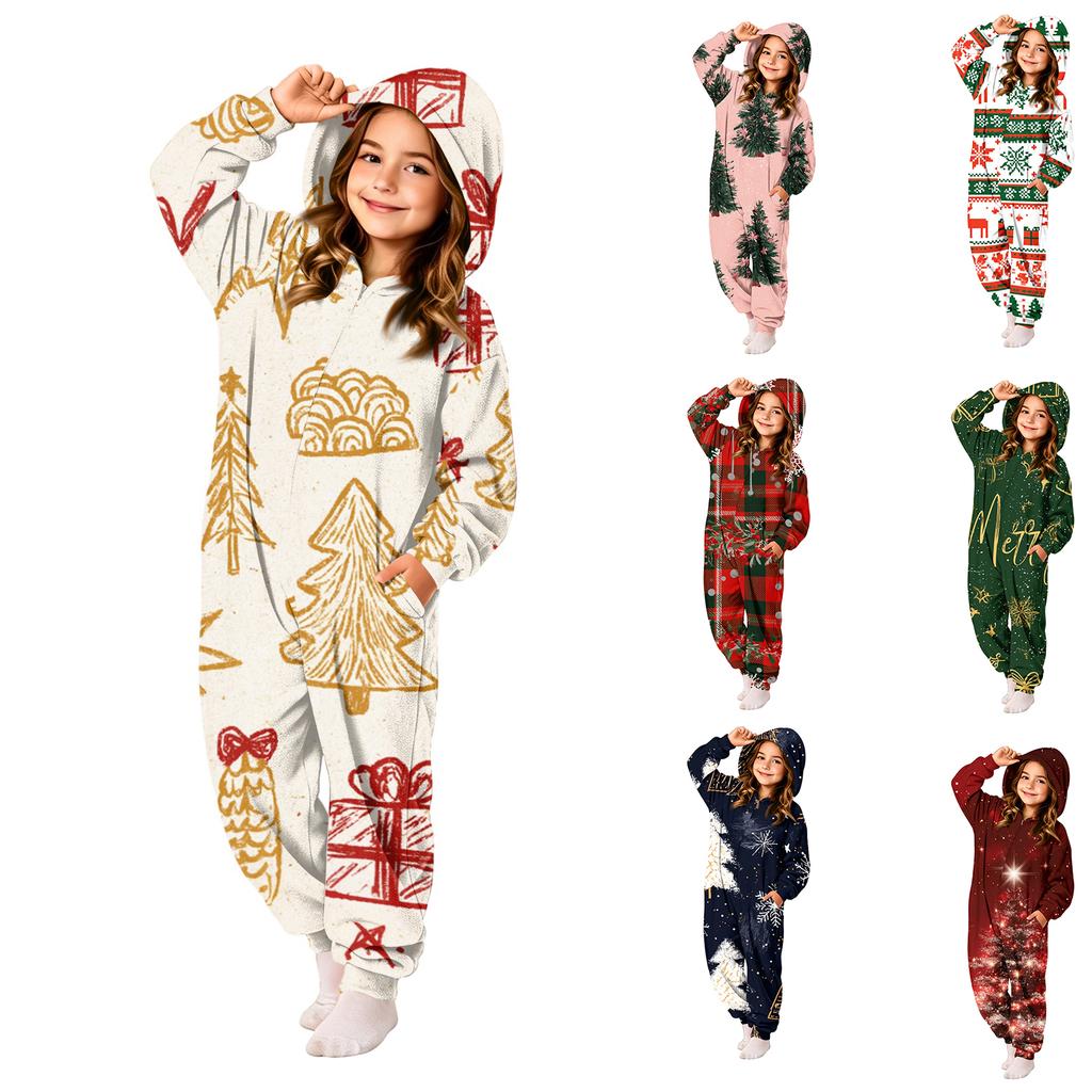 Kids Christmas Printed Flannel One-Piece Pajamas