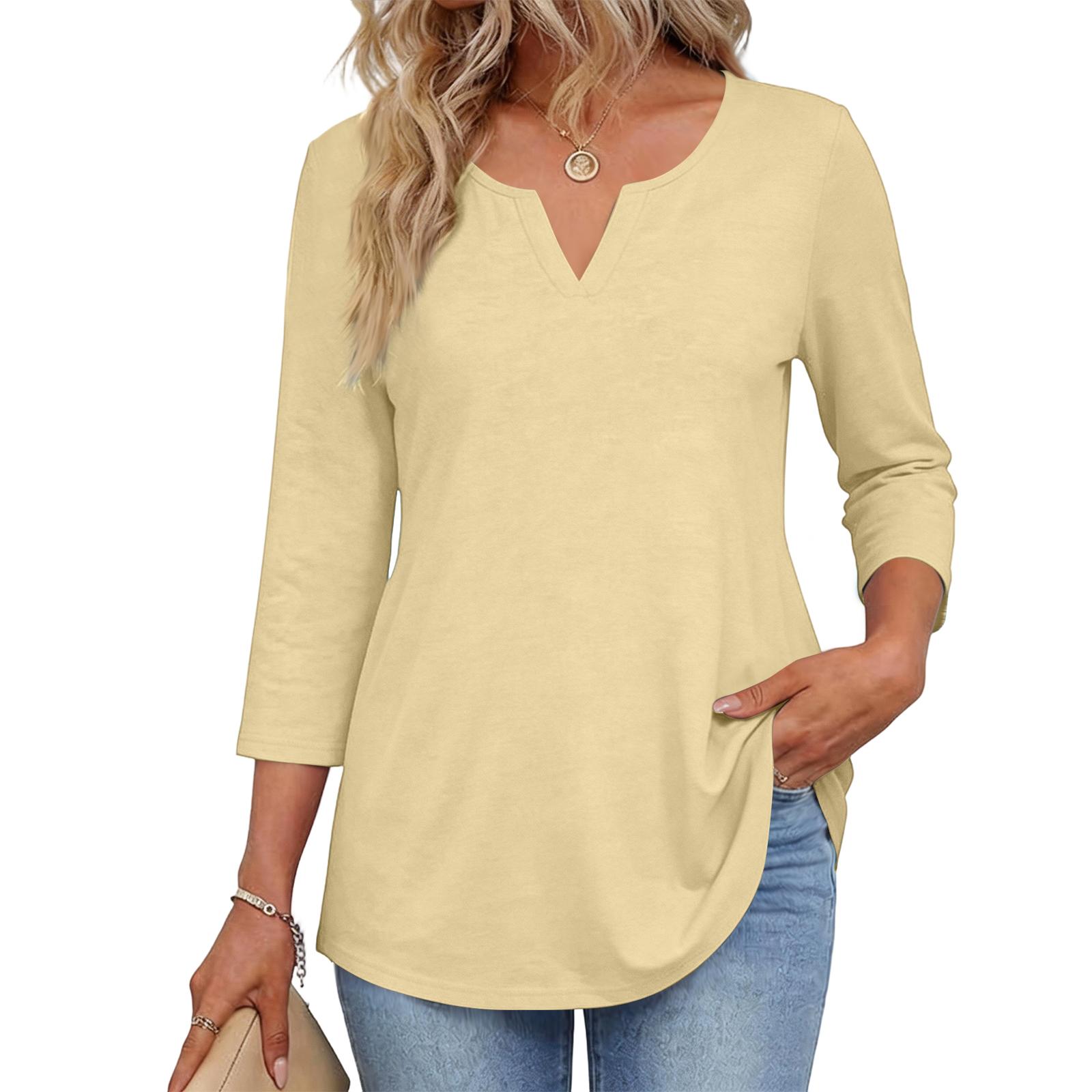 

Women s Fashionable Casual V-neck Round Neck 3/4 Sleeve Top M бежевый