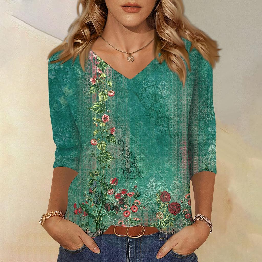 3/4 Sleeve Shirts For Women Cute Print Graphic Tees Blouses Casual Plus Size Basic Tops Pullover