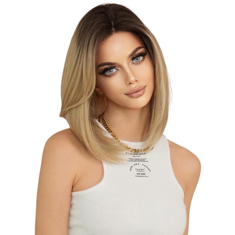 European American Small Lace Wig Full Headset Gradient Gold Wave Head Shoulder Length Women's Short Straight Hair