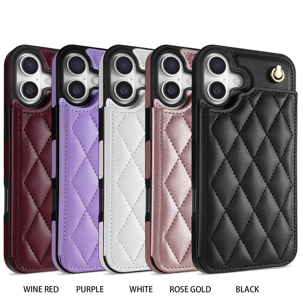 Plush Plaid Card Holder Phone Case for Apple 16 with Lanyard - Full Coverage, Luxury Style