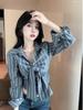 French Chic V-Neck Bow Tie Waist-Cinching Long Sleeve Top for Women