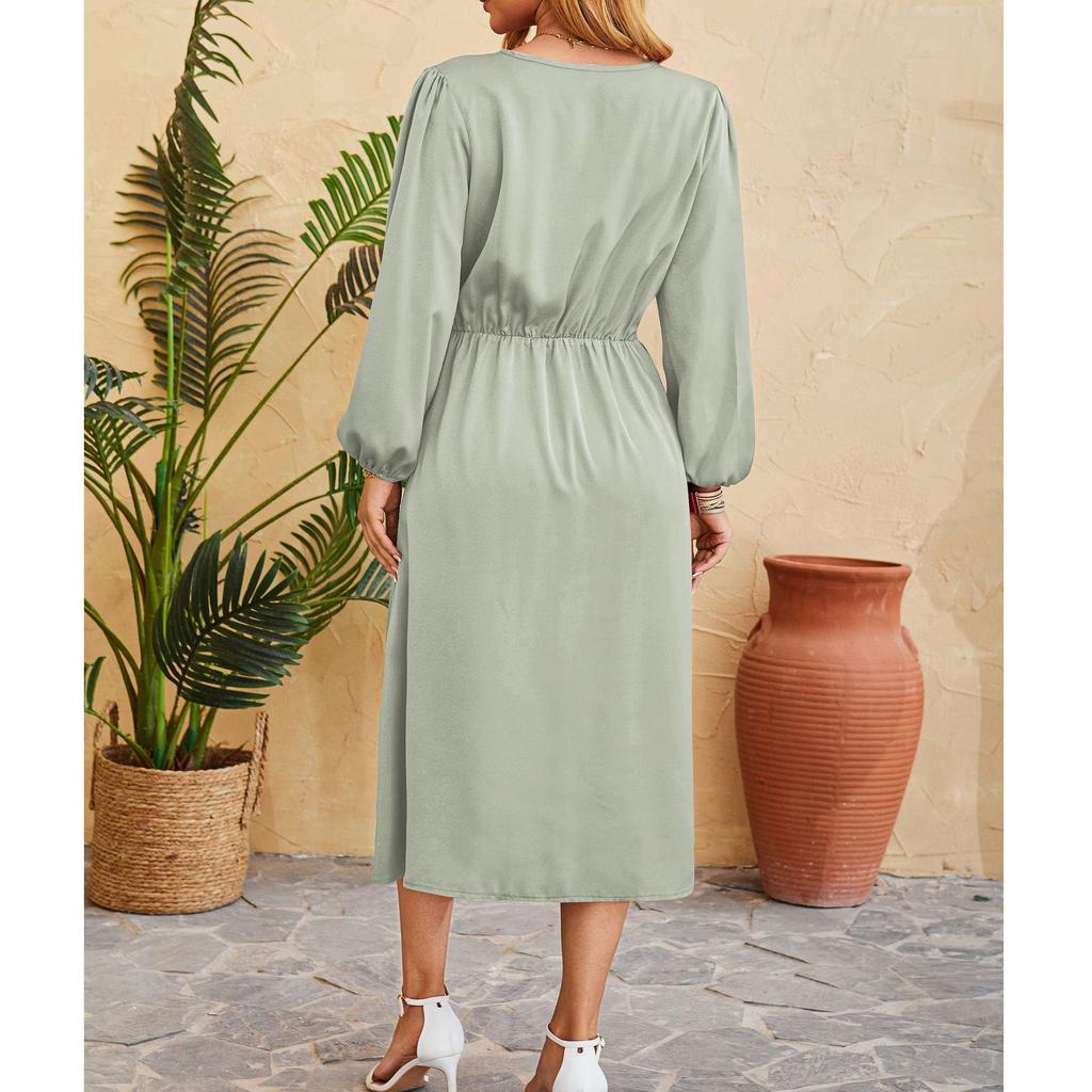 Women's V-Neck Waist Long Sleeve Hem Split Sexy Fashion Dresses