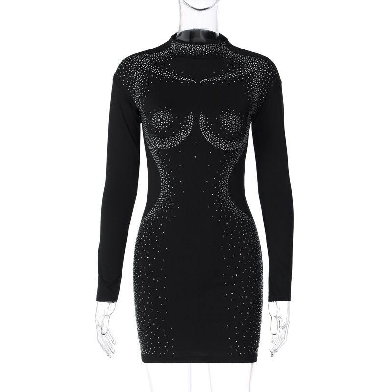 

Hot Diamond Dress European and American Women s Clothing 2024 Autumn New Arrival Hot Drilling Long Sleeves Slim-Fitting Patchwork Dress Black S