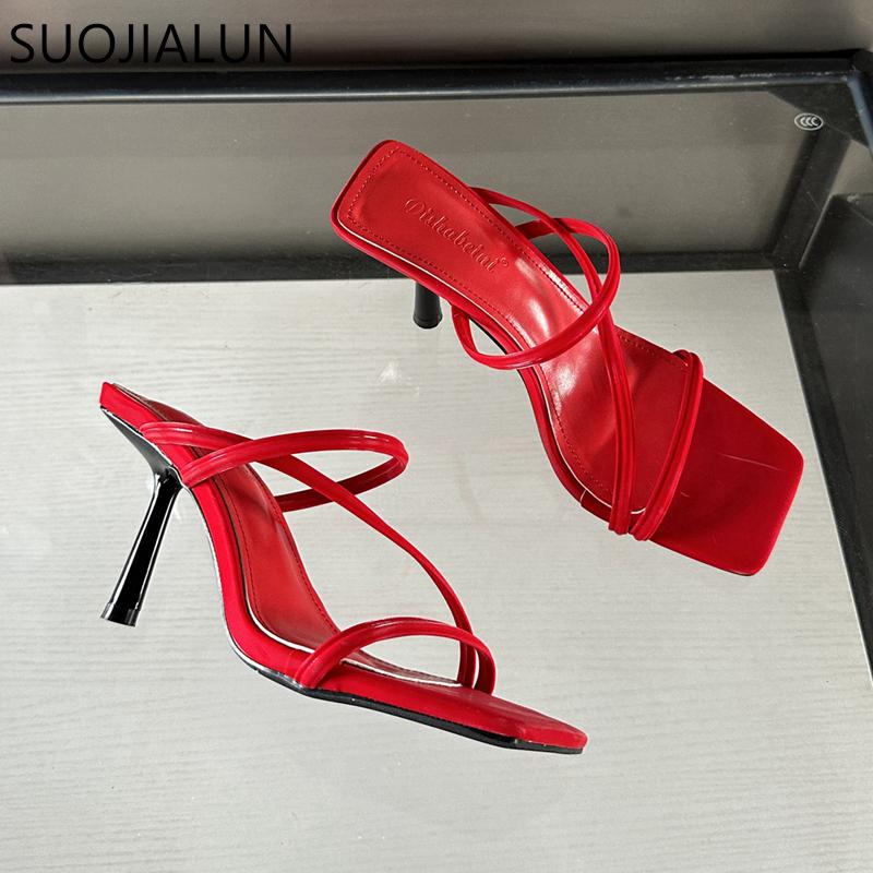 Fashion SUOJIALUN 2024 Summer New Brand Women Slipper Fashion Narrow Band Ladies Elegant Sandal Shoes Thin High Heel Dress Slides Pumps