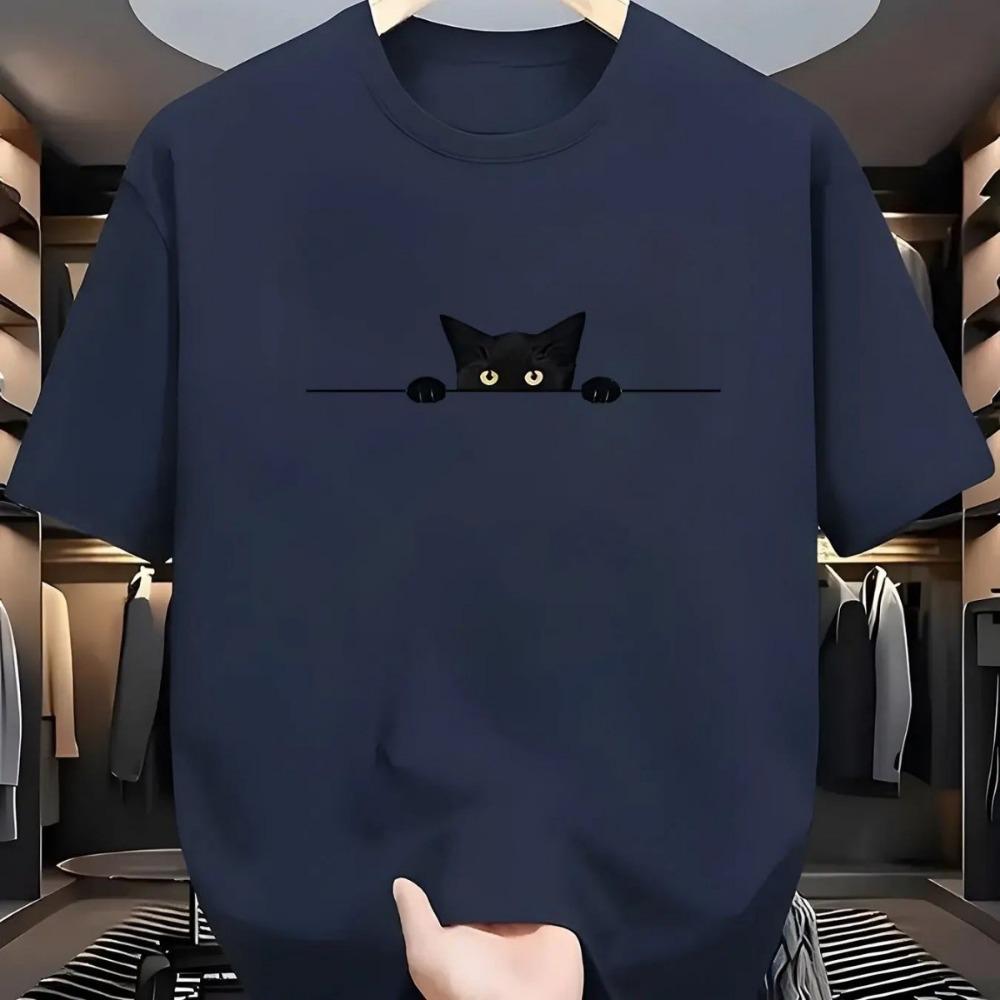 Men'S Casual Black T-Shirt with Cute Cat Design Soft Polyester Short Sleeve Summer Fashion Essential for Casual Attire Tops