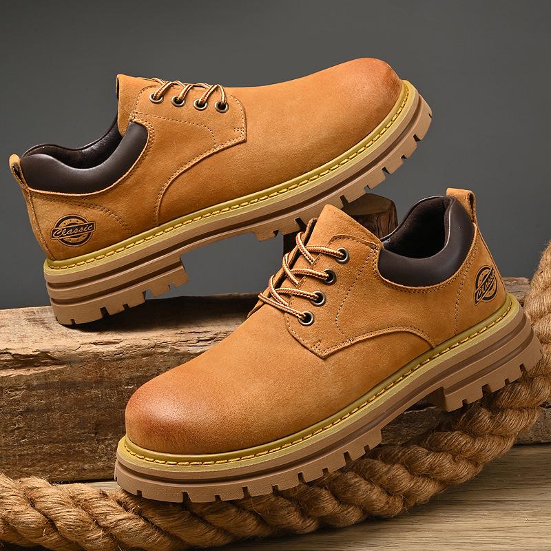 Men's Retro Pigskin Large Size Low-Top Martin Boots - Korean Style Casual Thick Sole Outdoor Workwear Shoes