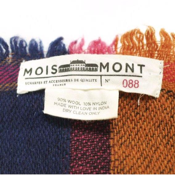 Used MOISMONT Wool Check Muffler No.088 RED/NAVY/ORANGE Fringe Stole g26514