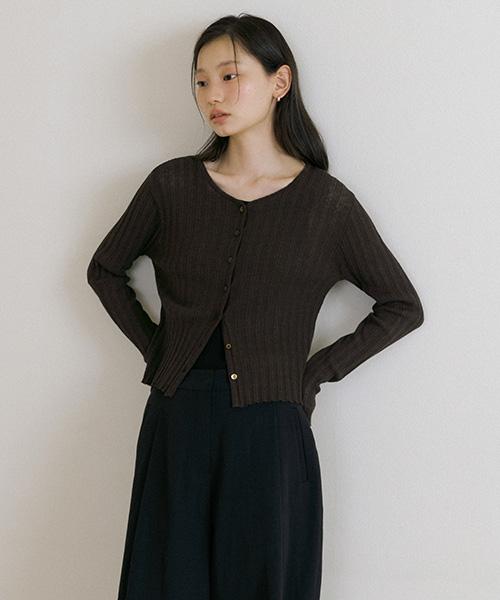 Lingseoul Linen Blended Ribbed Knit Cardigan-Brown