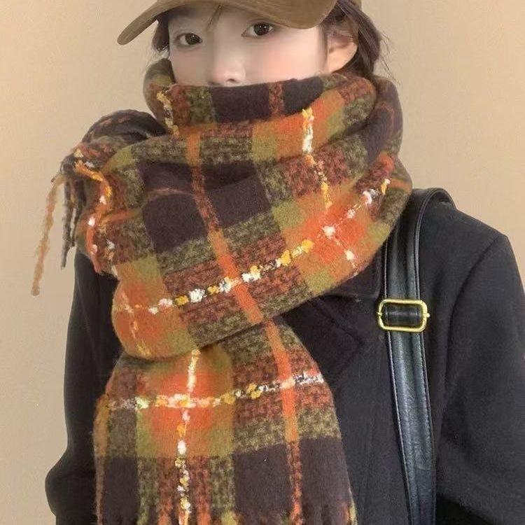 Mohair plaid scarf women's winter sea salt milk coffee blue thickened atmosphere warm student shawl scarf