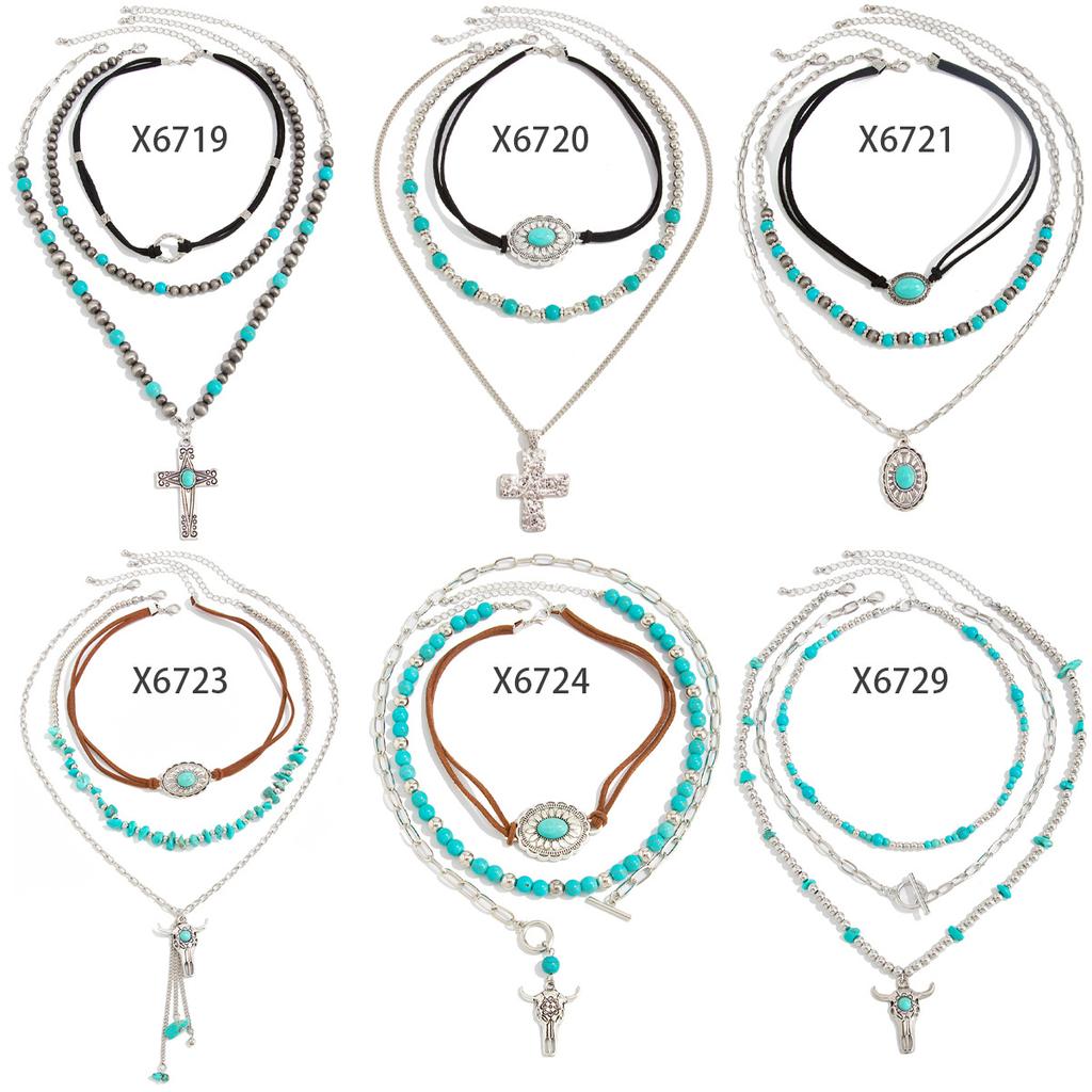 Ethnic Style Imitation Turquoise Beaded Cow Head Pendant Necklace, Retro Cross Flannel Collarbone Necklace