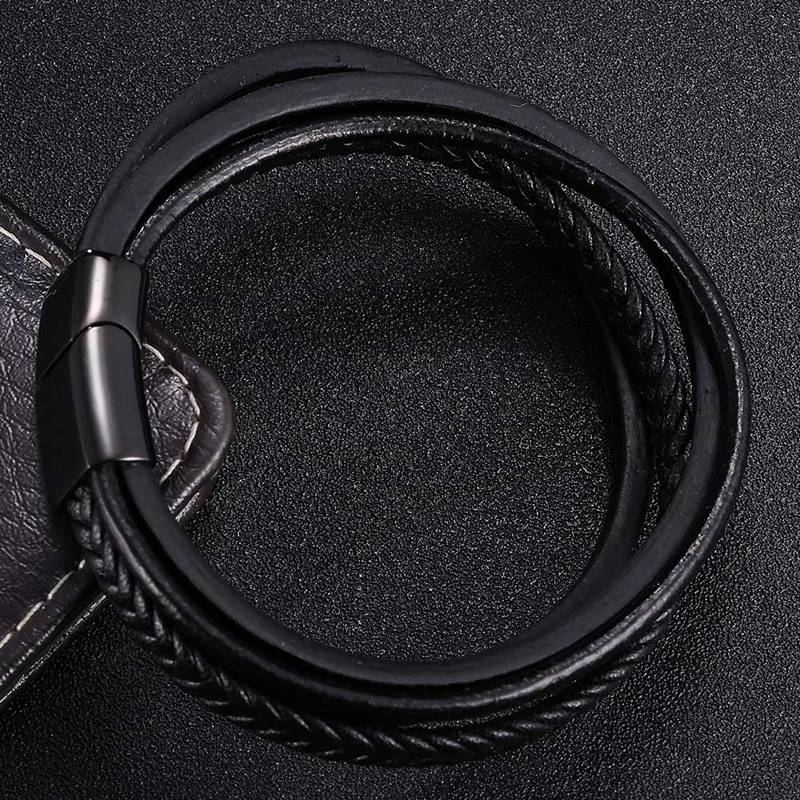 Punk Stainless Steel Multilayer Bracelets Genuine Leather Bracelet & Bangles For Men Jewelry Black Color Fashion Gift BB1002