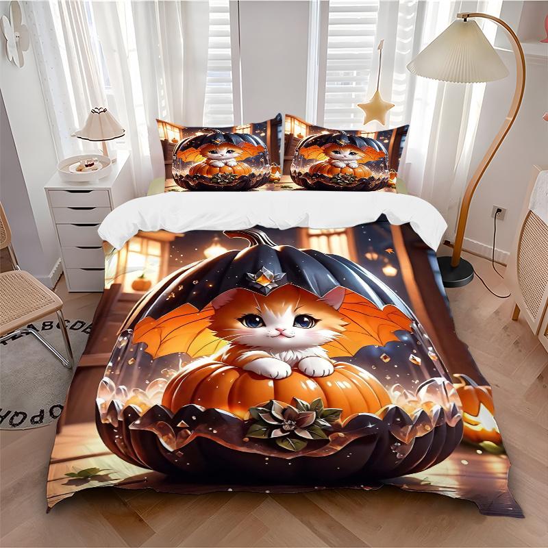 3pcs Orange Cat and Pumpkin Pattern Bedding Three-Piece Set (1 Cover + 2 Pillowcases, No Fillings),Soft and Comfortable N072