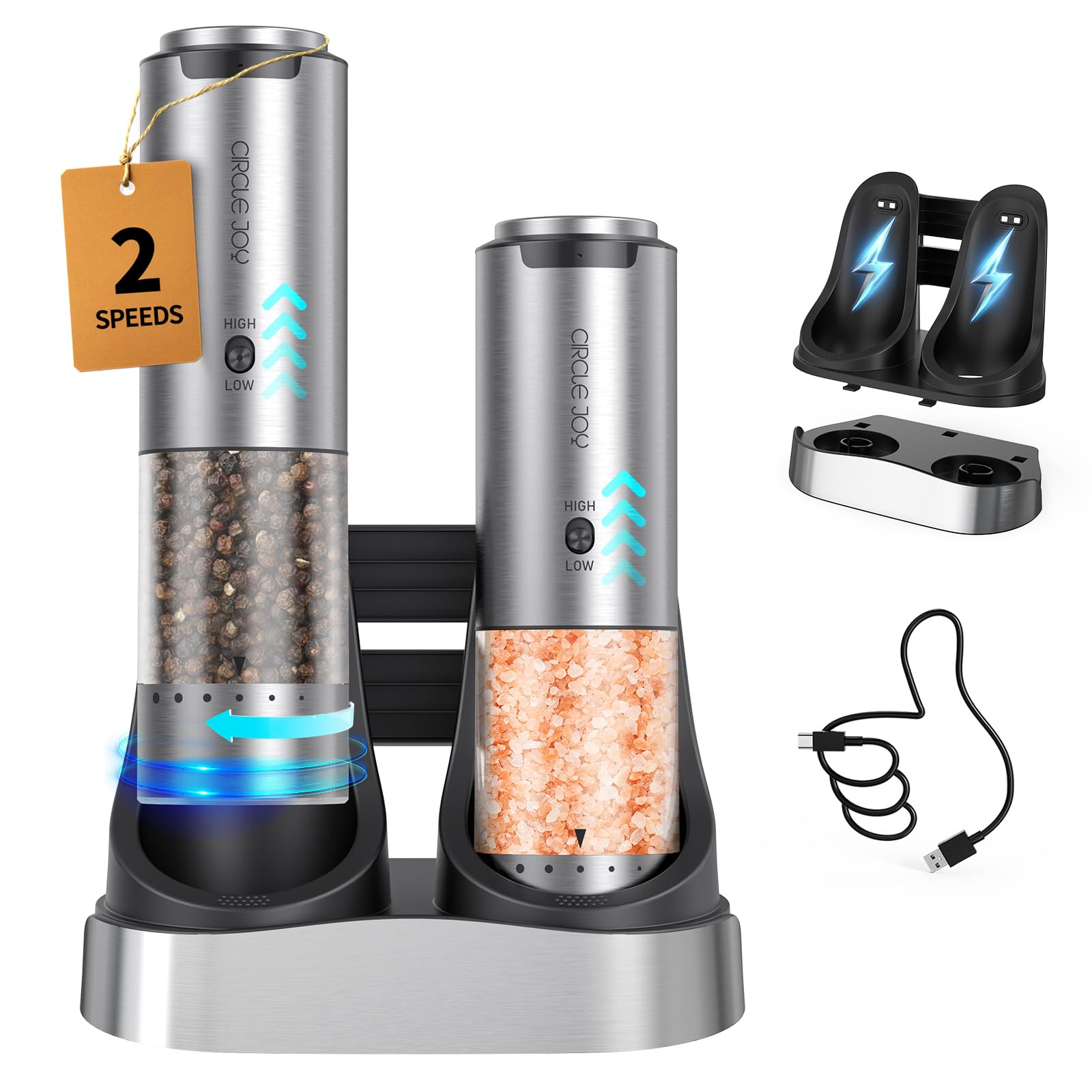 CIRCLE JOY Rechargeable Pepper Mill, Electric Stainless Steel Pepper Mill with Variable Grinding Speed, External Thickness Adjustment, 95ml Container,